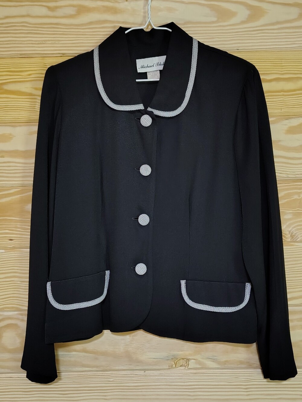 Michael Blake Vintage Black Houndstooth Trim Blazer Jacket Size 8 Made in USA